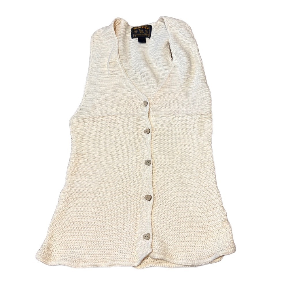 Woolrich Cream Knit Vest Small Ivory Button Down Boho Crochet